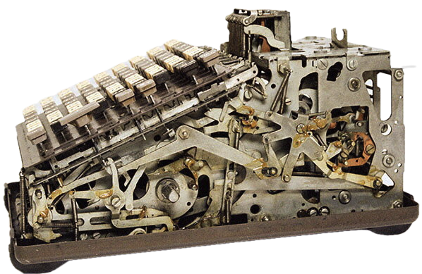The inner mechanism of a vintage mechanical bank adding machine: rows of keys, levers, and springs