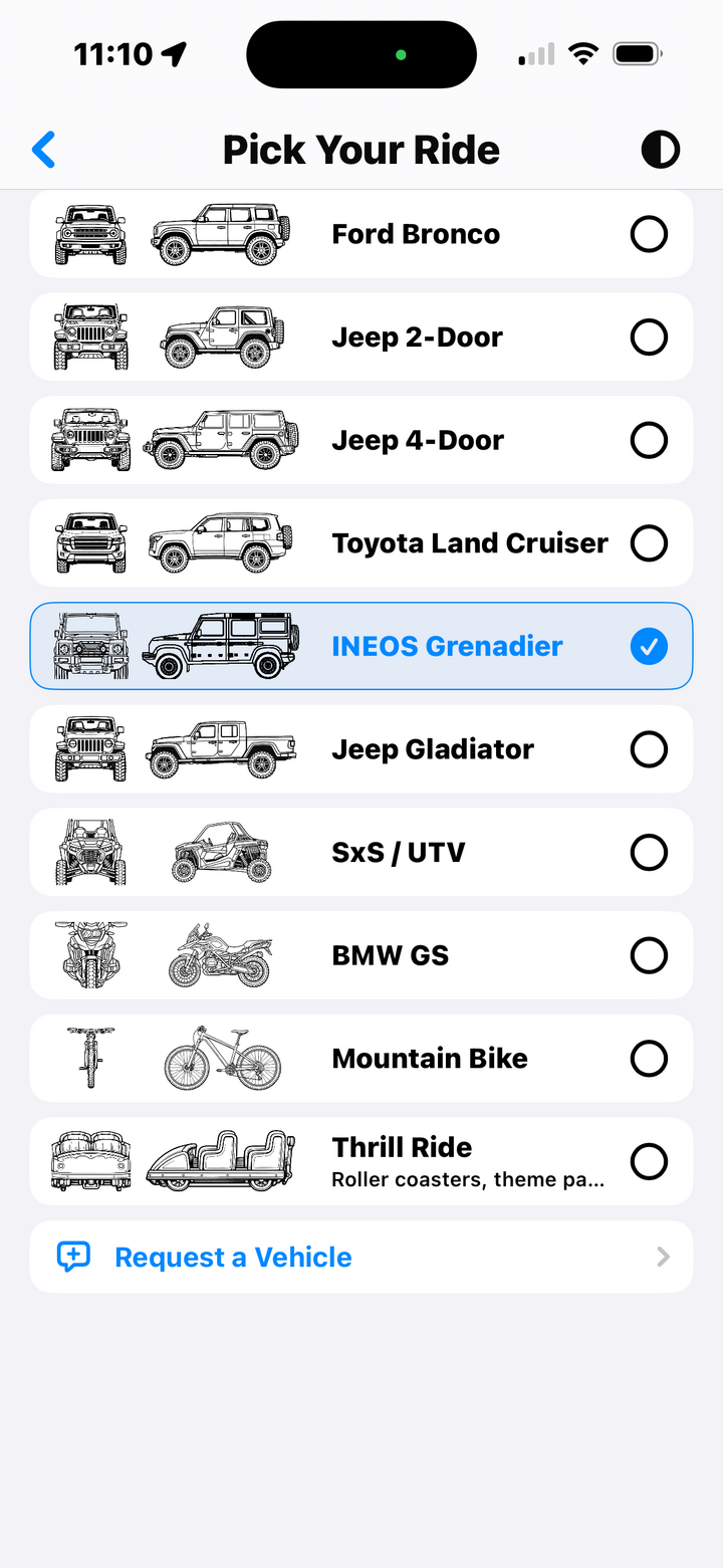 Pick your ride screen