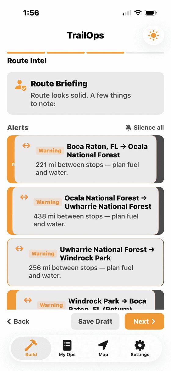 TrailOps route intel and alerts