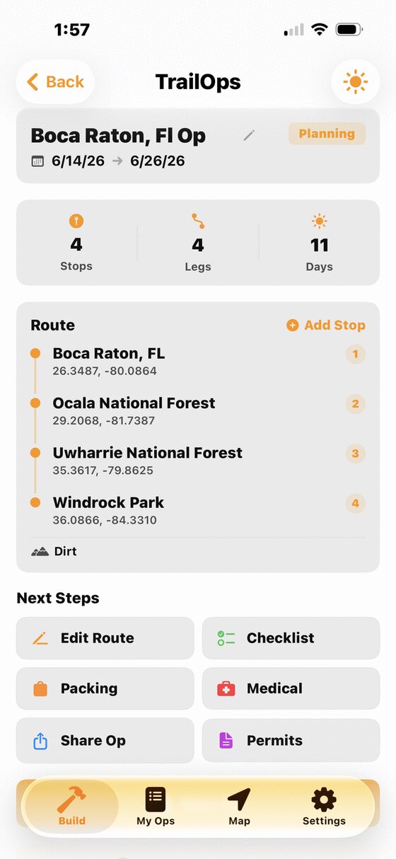 TrailOps trip planner app